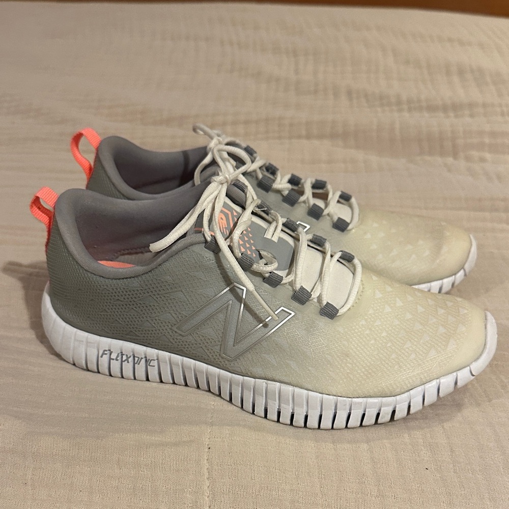 New Balance Cream and Gray Sneakers with Peach/Coral Accents